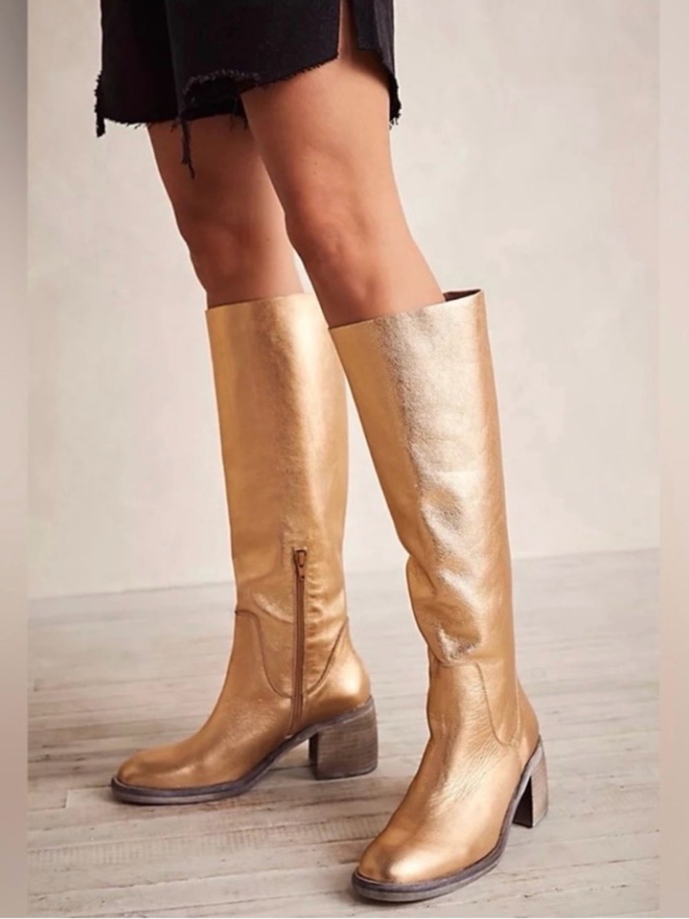 Free People Metallic Gold Knee-High Heeled Boots